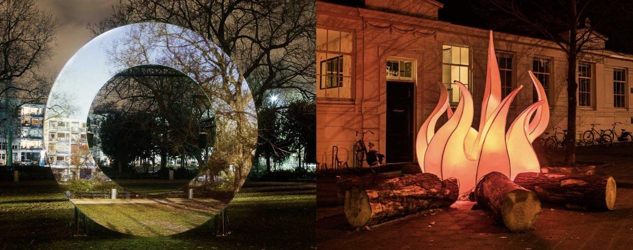 Twee werken van Wilhelmusvlug, lichtkunstenaar en actief bij Amsterdam Light Festival