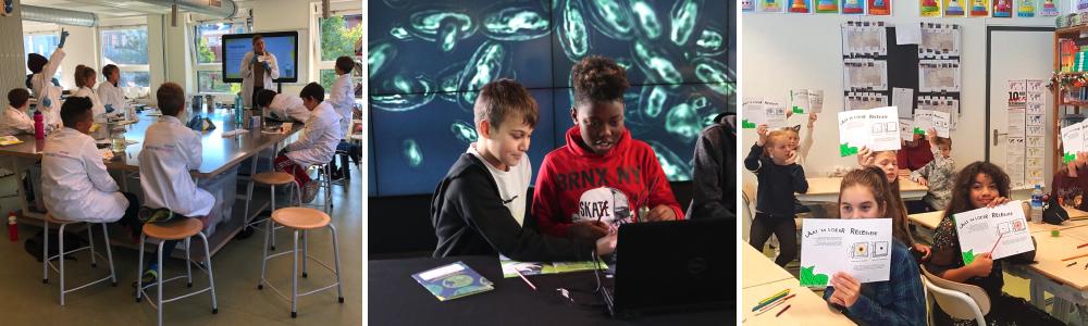 Kinderen tijdens verschillende workshops, aan tafel, aan het luisteren en leren.